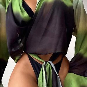 Chic Sheer Green and Black Tie-Front Top with swimsuit